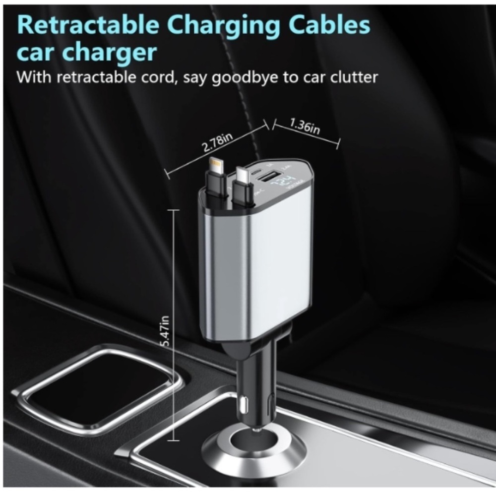 120W Retractable Car Charger USB-C Lightning Fast Charging Cable